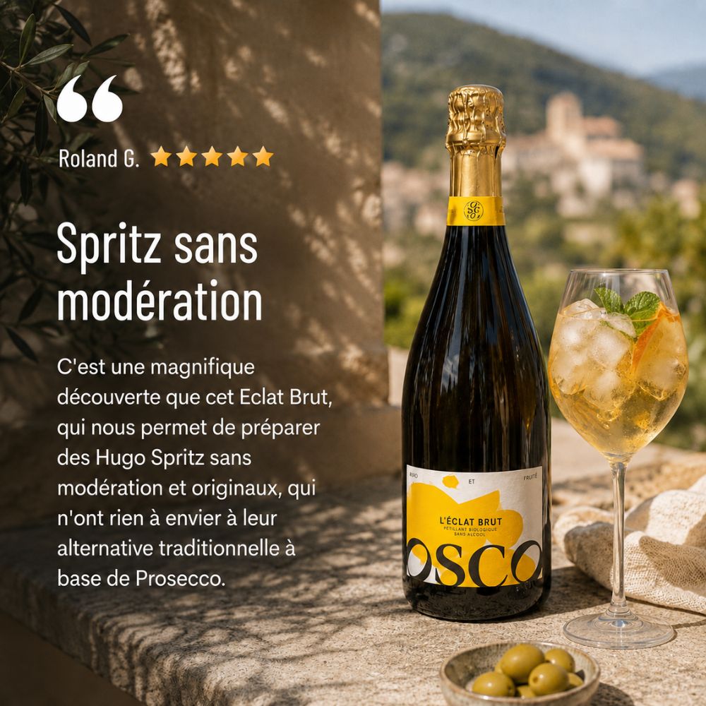 Avis client 5 étoiles sur L’Éclat Brut OSCO, un pétillant bio sans alcool utilisé pour préparer un Hugo Spritz frais et original, accompagné de la bouteille et d’un verre servi avec des glaçons.
