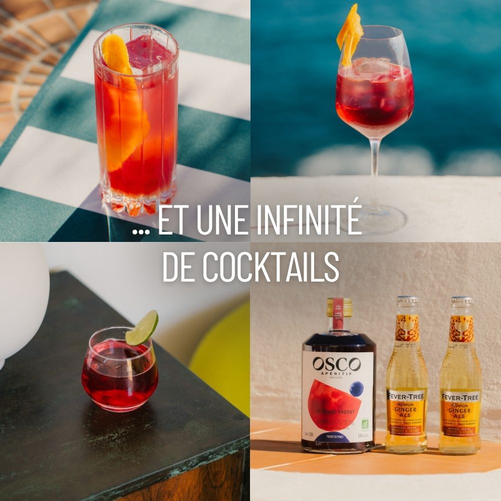 Idées de cocktails sans alcool avec OSCO Le Rouge Ardent, à déguster avec tonic, ginger ale, agrumes ou glaçons.
