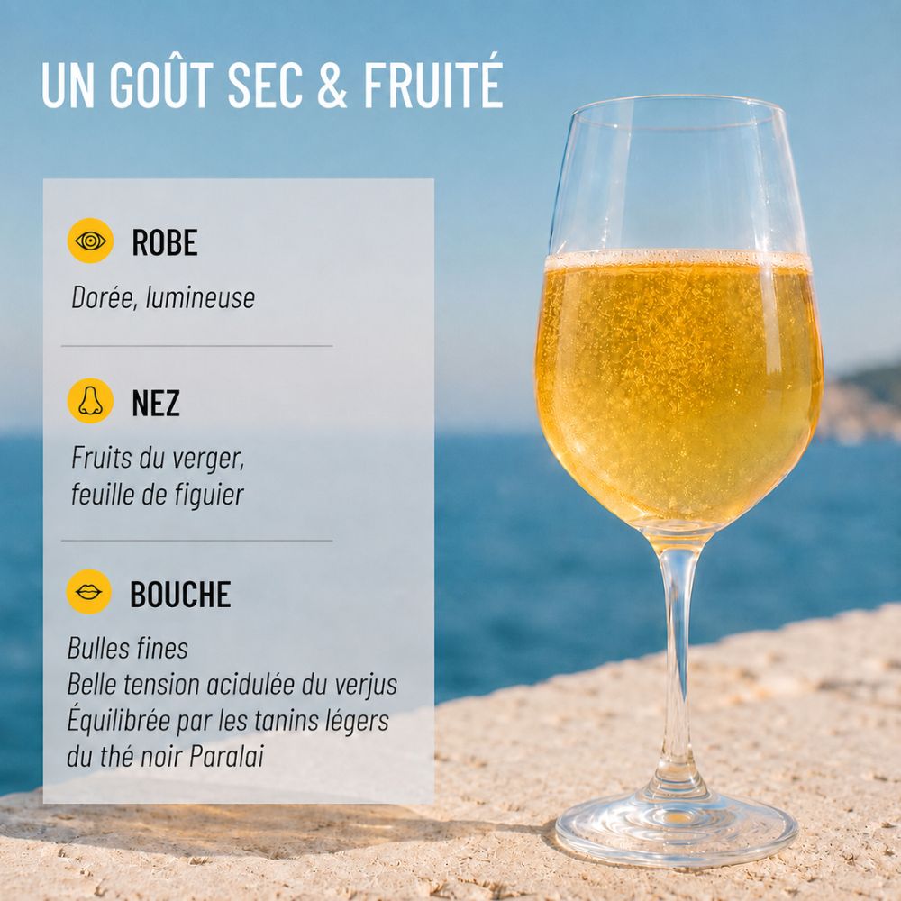 Notes de dégustation de L’Éclat Brut OSCO : robe dorée, arômes de fruits du verger et de feuille de figuier, bulles fines et fraîcheur acidulée.