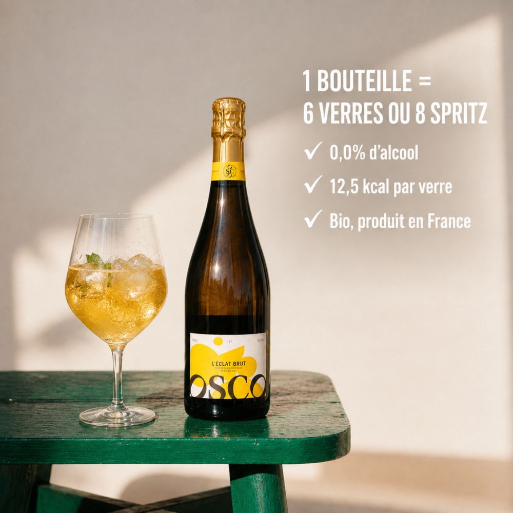 L’Éclat Brut OSCO avec un verre de pétillant : 0,0 % d’alcool, 12,5 kcal par verre, biologique et produit en France.