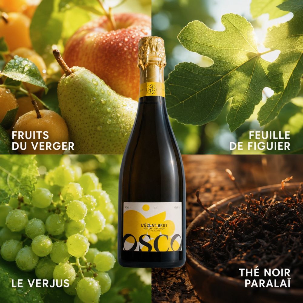 Bouteille de L’Éclat Brut OSCO entourée de ses principales notes aromatiques : fruits du verger, feuille de figuier, verjus et thé noir Paralaï.