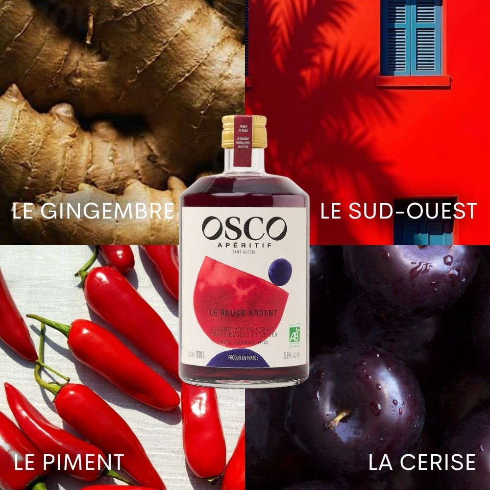 OSCO Le Rouge Ardent, apéritif sans alcool inspiré par la cerise, le gingembre, le piment et le Sud-Ouest.