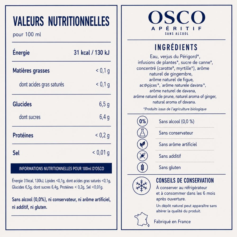 Étiquette nutritionnelle et ingrédients de l’apéritif sans alcool bio OSCO Le Rouge Ardent à base de verjus, infusions de plantes et arômes naturels