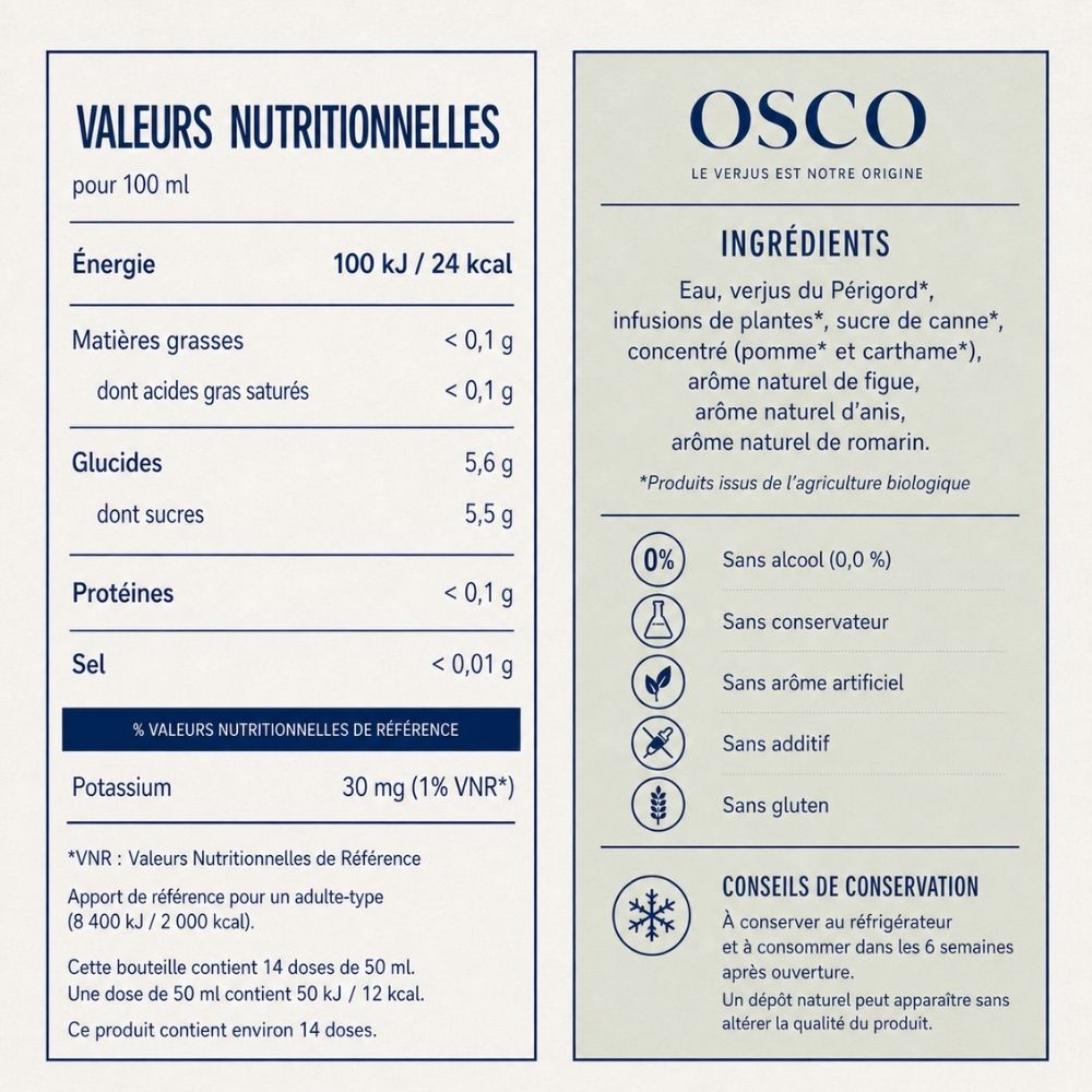 Étiquette nutritionnelle et ingrédients de l’apéritif sans alcool bio OSCO L’Original à base de verjus, plantes méridionales et arômes naturels