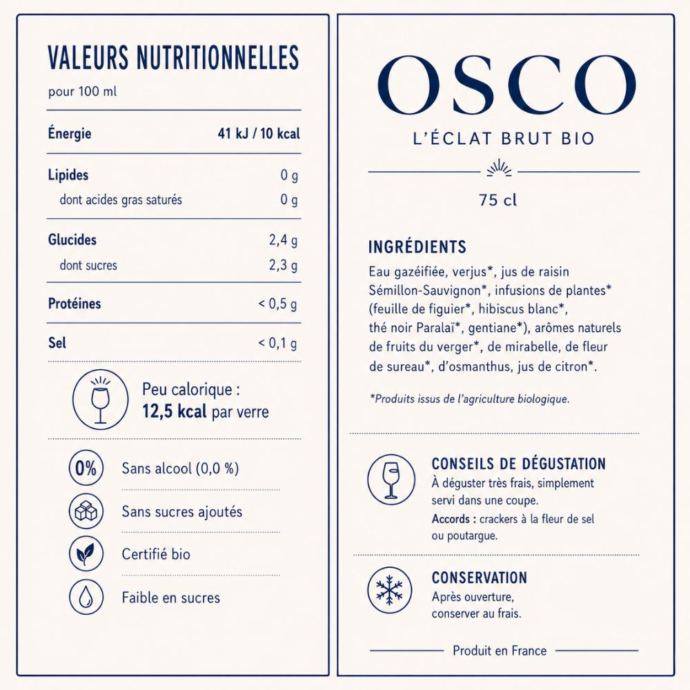 Tableau des valeurs nutritionnelles, ingrédients et conseils de dégustation de L’Éclat Brut OSCO, pétillant bio sans alcool, sans sucres ajoutés et faible en sucres.